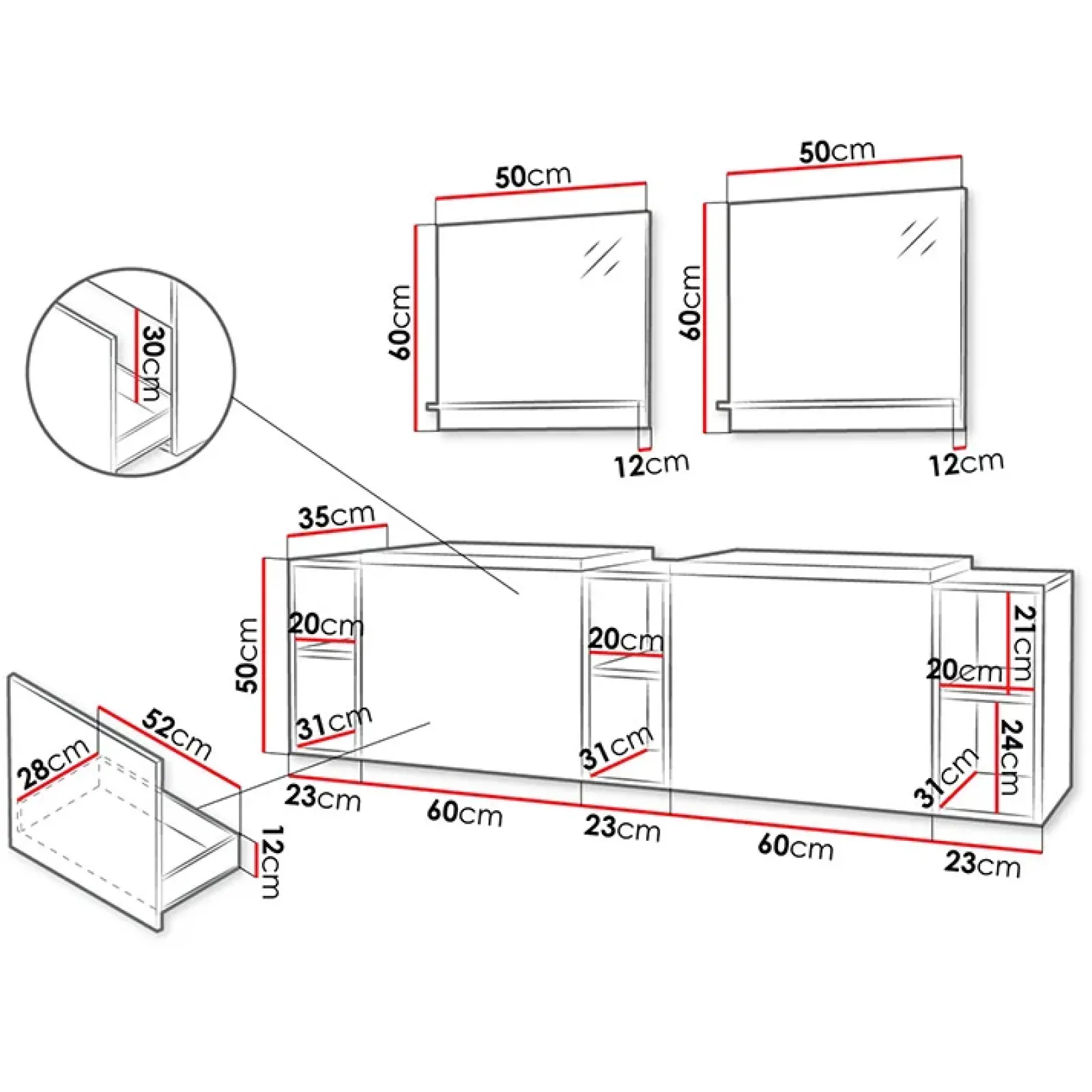 Garnero Arredamenti Mobile Bagno Sospeso-Mobile bagno sospeso 190cm con doppio lavabo e specchi serigrafato bianco Baden 4 Bianco Lucido