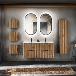 Garnero Arredamenti Mobile Bagno Sospeso-Mobile bagno sospeso 120cm cm con 2 lavabi da incasso, 2 specchi, colonna e cubotti quercia antracite Limpid