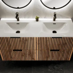 Garnero Arredamenti Mobile Bagno Sospeso-Mobile bagno sospeso 120cm cm con 2 lavabi da incasso, 2 specchi, colonna e cubotti quercia antracite Limpid