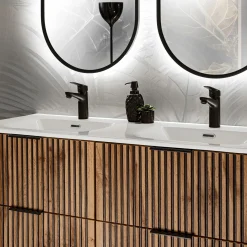 Garnero Arredamenti Mobile Bagno Sospeso-Mobile bagno sospeso 120cm cm con 2 lavabi da incasso, 2 specchi, colonna e cubotti quercia antracite Limpid