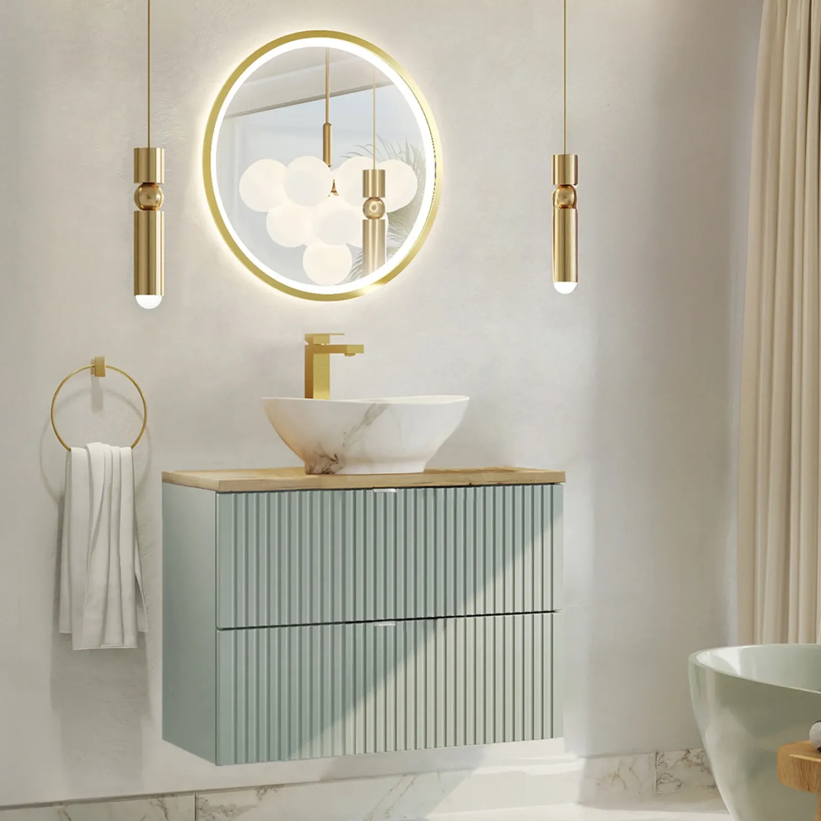 Garnero Arredamenti Mobile Bagno Sospeso-Mobile bagno sospeso 80cm cannettato 2 cassetti verde salvia rovere Greeny