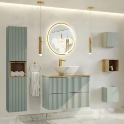 Garnero Arredamenti Mobile Bagno Sospeso-Mobile bagno sospeso 80cm cannettato 2 cassetti verde salvia rovere Greeny