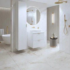 Garnero Arredamenti Mobile Bagno Sospeso-Mobile bagno sospeso 61cm con colonna bianco frontali decorati Konny Bianco Lucido - Bianco opaco