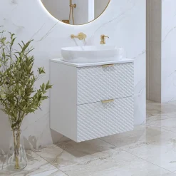 Garnero Arredamenti Mobile Bagno Sospeso-Mobile bagno sospeso 61cm con colonna bianco frontali decorati Konny Bianco Lucido - Bianco opaco