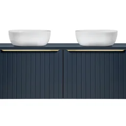 Garnero Arredamenti Mobile Bagno Sospeso-Mobile bagno sospeso 120cm con 2 lavabi, 2 specchi rotondi e colonna cannettato blu Deep