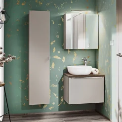 Garnero Arredamenti Mobile Bagno Sospeso-Mobile bagno sospeso 60cm con lavabo, mobile specchio e colonna grigio quercia Serif