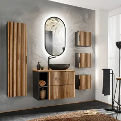Garnero Arredamenti Mobile Bagno Sospeso-Mobile bagno sospeso 80cm cm con lavabo, specchio, colonna e cubotti quercia antracite Limpid