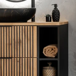 Garnero Arredamenti Mobile Bagno Sospeso-Mobile bagno sospeso 80cm cm con lavabo, specchio, colonna e cubotti quercia antracite Limpid