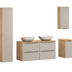 Garnero Arredamenti Mobile Bagno Sospeso-Mobile bagno sospeso 120cm con 2 lavabi, colonna, pensile e base sospesa beige rovere Swim