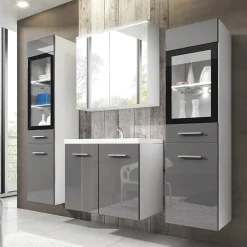 Garnero Arredamenti Mobile Bagno Sospeso-Mobile bagno sospeso 60cm con lavabo, specchio e 2 colonne grigio lucido bianco Luz Grigio - Bianco Lucido