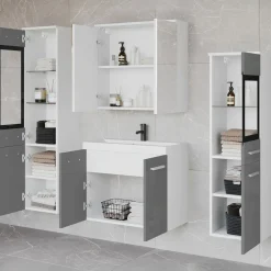 Garnero Arredamenti Mobile Bagno Sospeso-Mobile bagno sospeso 60cm con lavabo, specchio e 2 colonne grigio lucido bianco Luz Grigio - Bianco Lucido