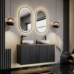 Garnero Arredamenti Mobile Bagno Sospeso-Mobile bagno sospeso 120cm cannettato 4 ante nero rovere Cleany