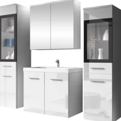 Garnero Arredamenti Mobile Bagno Sospeso-Mobile bagno sospeso 60cm con lavabo, specchio e 2 colonne Luz Bianco Lucido