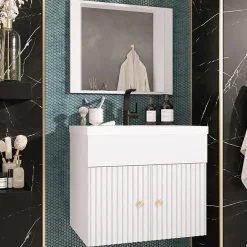 Garnero Arredamenti Mobile Bagno Sospeso-Mobile bagno sospeso 60cm con specchio serigrafato bianco Ischia 5 Bianco Lucido