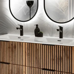 Garnero Arredamenti Mobile Bagno Sospeso-Mobile bagno sospeso 120cm cm con 2 lavabi da incasso, 2 specchi e colonna quercia antracite Limpid