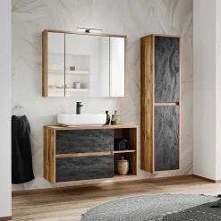 Garnero Arredamenti Mobile Bagno Sospeso-Mobile bagno sospeso 100cm con lavabo, mobile specchio e colonna rovere antracite Stony