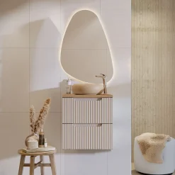 Garnero Arredamenti Mobile Bagno Sospeso-Mobile bagno sospeso 50cm cannettato 2 cassetti rovere Cleany Beige