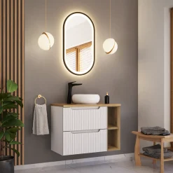 Garnero Arredamenti Mobile Bagno Sospeso-Mobile bagno sospeso 80cm cannettato 2 cassetti e vani bianco rovere Cleany Bianco Opaco