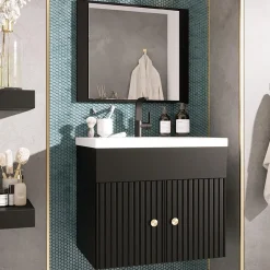 Garnero Arredamenti Mobile Bagno Sospeso-Mobile bagno sospeso 60cm con specchio serigrafato nero Ischia 5 Nero Lucido