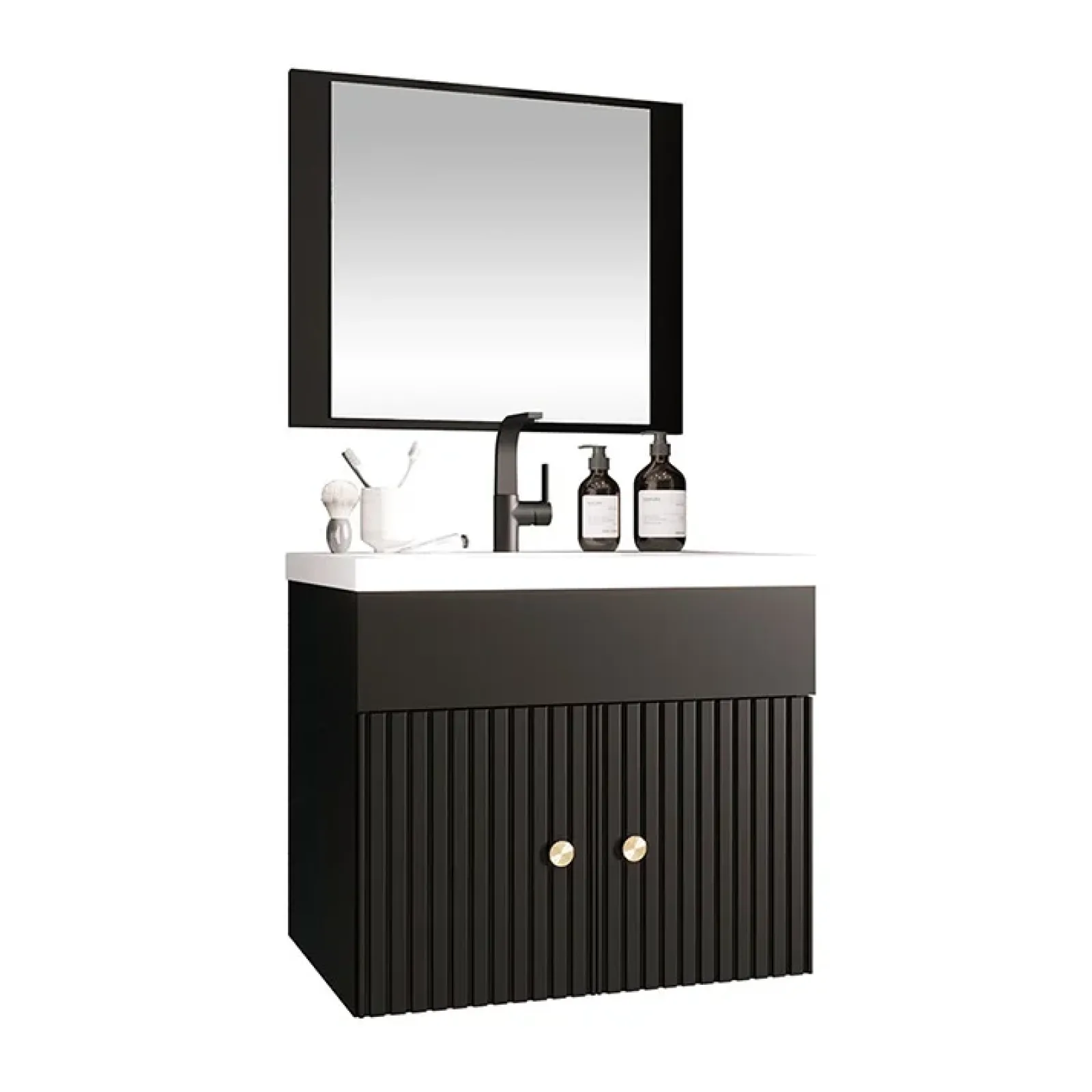 Garnero Arredamenti Mobile Bagno Sospeso-Mobile bagno sospeso 60cm con specchio serigrafato nero Ischia 5 Nero Lucido