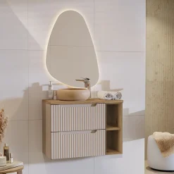 Garnero Arredamenti Mobile Bagno Sospeso-Mobile bagno sospeso 80cm cannettato 2 cassetti e vani rovere Cleany Beige
