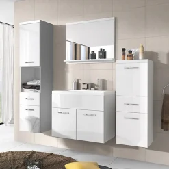 Garnero Arredamenti Mobile Bagno Sospeso-Mobile bagno sospeso 60cm con lavabo, specchio e colonne Loretta Bianco Lucido