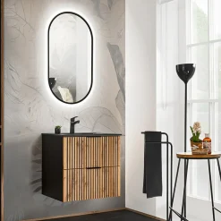 Garnero Arredamenti Mobile Bagno Sospeso-Mobile bagno sospeso 60cm cm con lavabo nero da incasso quercia antracite Limpid