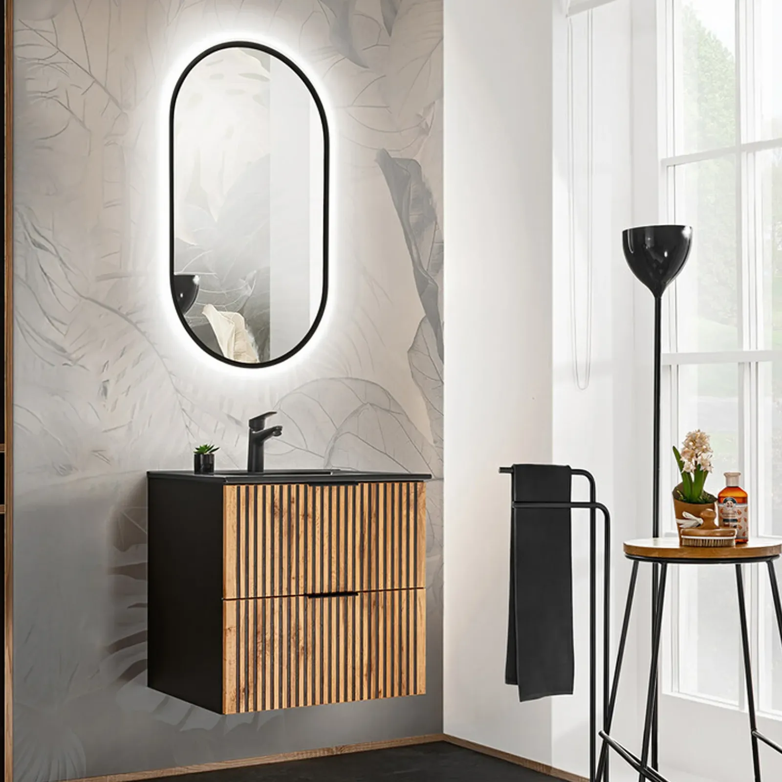 Garnero Arredamenti Mobile Bagno Sospeso-Mobile bagno sospeso 60cm cm con lavabo nero da incasso quercia antracite Limpid