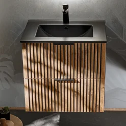 Garnero Arredamenti Mobile Bagno Sospeso-Mobile bagno sospeso 60cm cm con lavabo nero da incasso quercia antracite Limpid