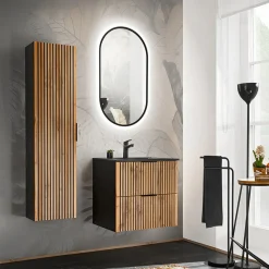Garnero Arredamenti Mobile Bagno Sospeso-Mobile bagno sospeso 60cm cm con lavabo nero da incasso quercia antracite Limpid