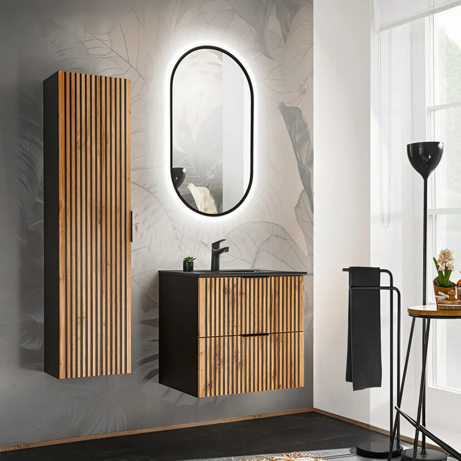 Garnero Arredamenti Mobile Bagno Sospeso-Mobile bagno sospeso 60cm cm con lavabo nero da incasso quercia antracite Limpid