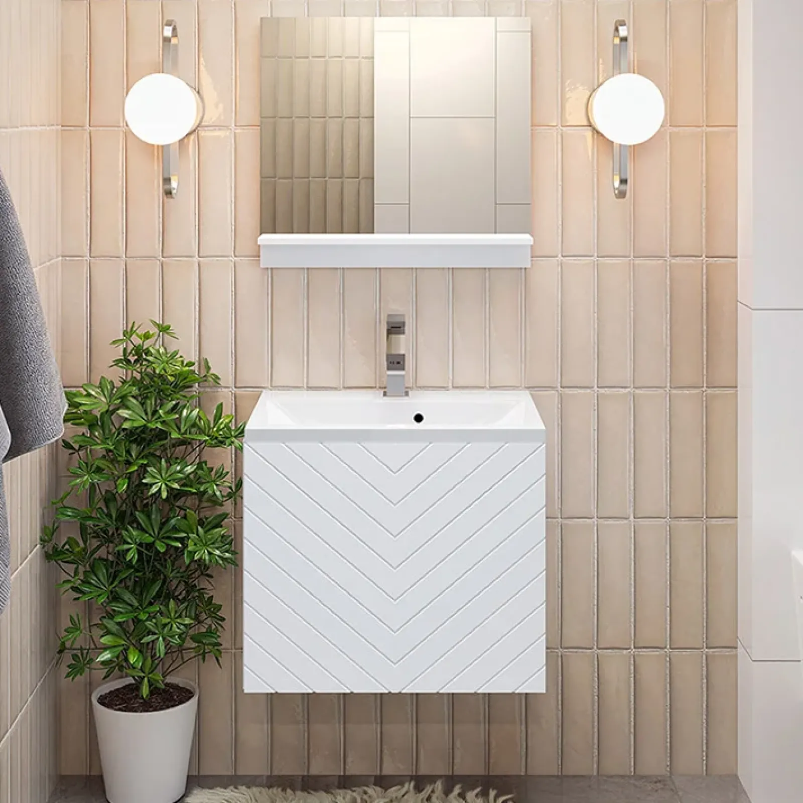 Garnero Arredamenti Mobile Bagno Sospeso-Mobile bagno sospeso 60cm con lavabo e specchio serigrafato bianco Baden 10 Bianco Lucido