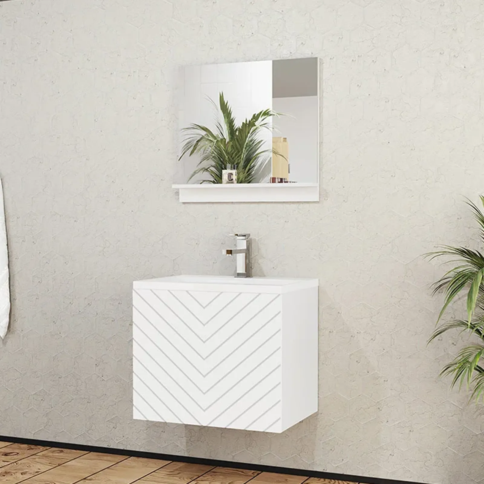 Garnero Arredamenti Mobile Bagno Sospeso-Mobile bagno sospeso 60cm con lavabo e specchio serigrafato bianco Baden 10 Bianco Lucido
