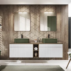 Garnero Arredamenti Mobile Bagno Sospeso-Mobile bagno sospeso 180cm cannettato 2 cassettoni quercia Autentic Bianco