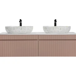 Garnero Arredamenti Mobile Bagno Sospeso-Mobile bagno sospeso 160cm cannettato con 2 lavabi, colonna e specchio rosa Autentic