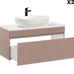 Garnero Arredamenti Mobile Bagno Sospeso-Mobile bagno sospeso 160cm cannettato con 2 lavabi, colonna e specchio rosa Autentic