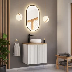 Garnero Arredamenti Mobile Bagno Sospeso-Mobile bagno sospeso 60cm cannettato 2 ante bianco rovere Cleany Bianco Opaco