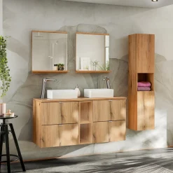 Garnero Arredamenti Mobile Bagno Sospeso-Mobile bagno sospeso 100cm con 2 lavabi, 4 cassetti e colonna rovere Rovery