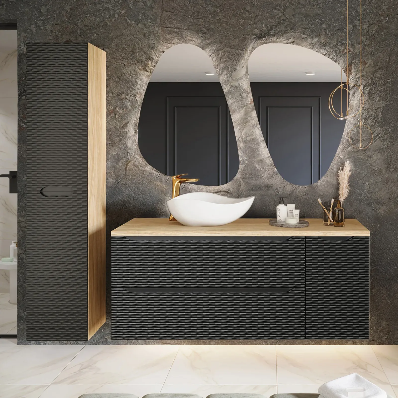 Garnero Arredamenti Mobile Bagno Sospeso-Mobile bagno sospeso 100cm con lavabo e colonna nero rovere Swim
