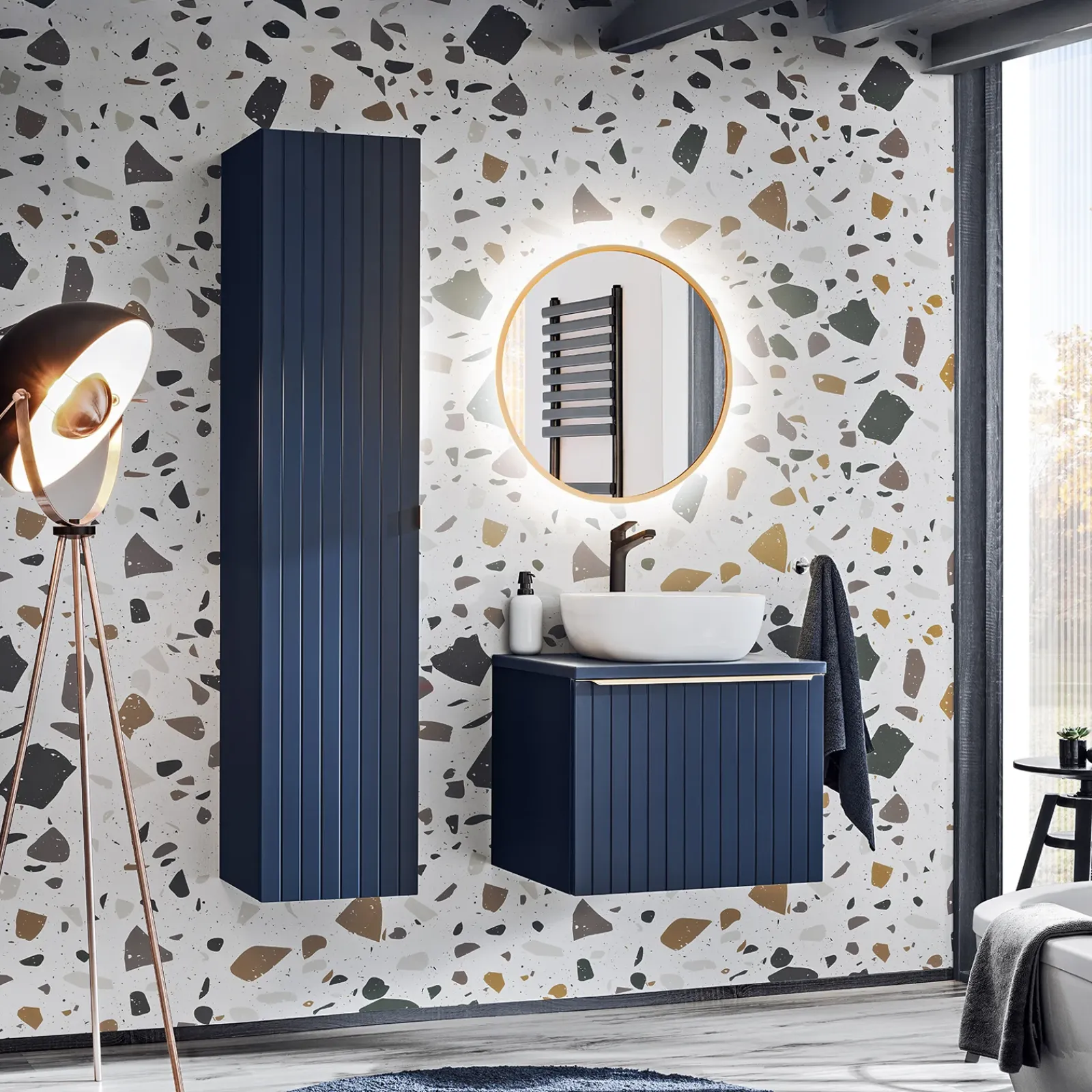 Garnero Arredamenti Mobile Bagno Sospeso-Mobile bagno sospeso 60cm con lavabo, specchio rotondo e colonna cannettato blu Deep