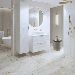 Garnero Arredamenti Mobile Bagno Sospeso-Mobile bagno sospeso 80cm con colonna bianco frontali decorati Konny Bianco Lucido - Bianco opaco