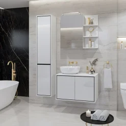 Garnero Arredamenti Mobile Bagno Sospeso-Mobile bagno sospeso 78cm con specchio e colonna nero Linda Bianco Lucido