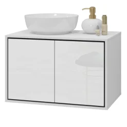 Garnero Arredamenti Mobile Bagno Sospeso-Mobile bagno sospeso 78cm con specchio e colonna nero Linda Bianco Lucido