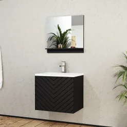Garnero Arredamenti Mobile Bagno Sospeso-Mobile bagno sospeso 60cm con lavabo e specchio serigrafato nero Baden 10 Nero Lucido