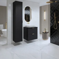 Garnero Arredamenti Mobile Bagno Sospeso-Mobile bagno sospeso 61cm con colonna nero frontali decorati Konny Nero Lucido - Nero opaco