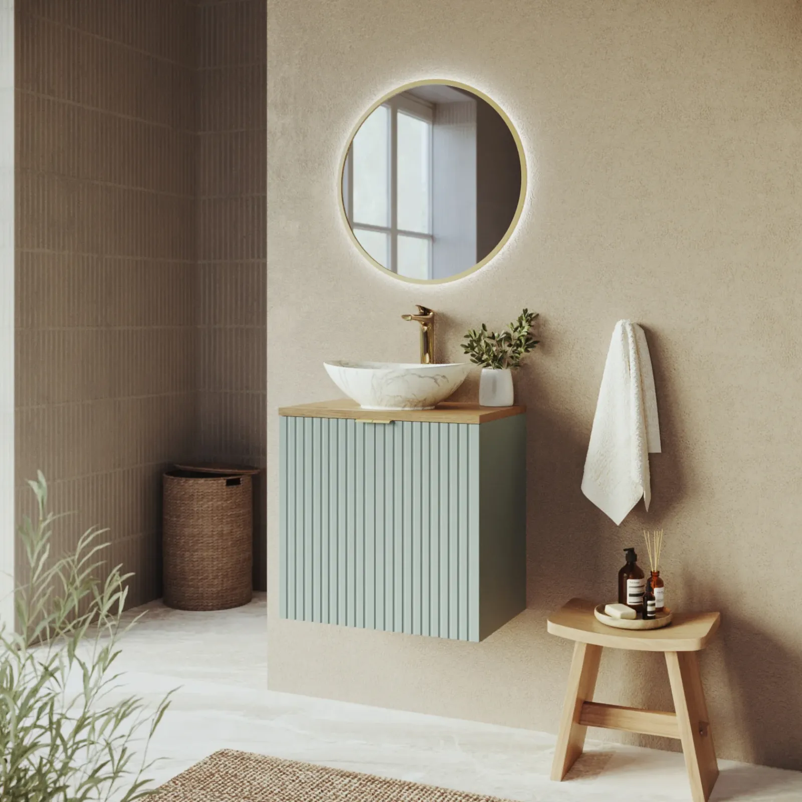 Garnero Arredamenti Mobile Bagno Sospeso-Mobile bagno sospeso 60cm cannettato 2 ante verde salvia rovere Greeny