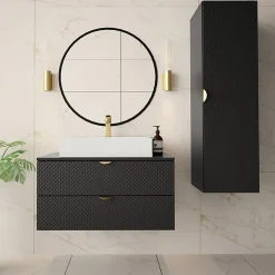 Garnero Arredamenti Mobile Bagno Sospeso-Mobile bagno sospeso 80cm nero con colonna Hakone 2 Nero Lucido