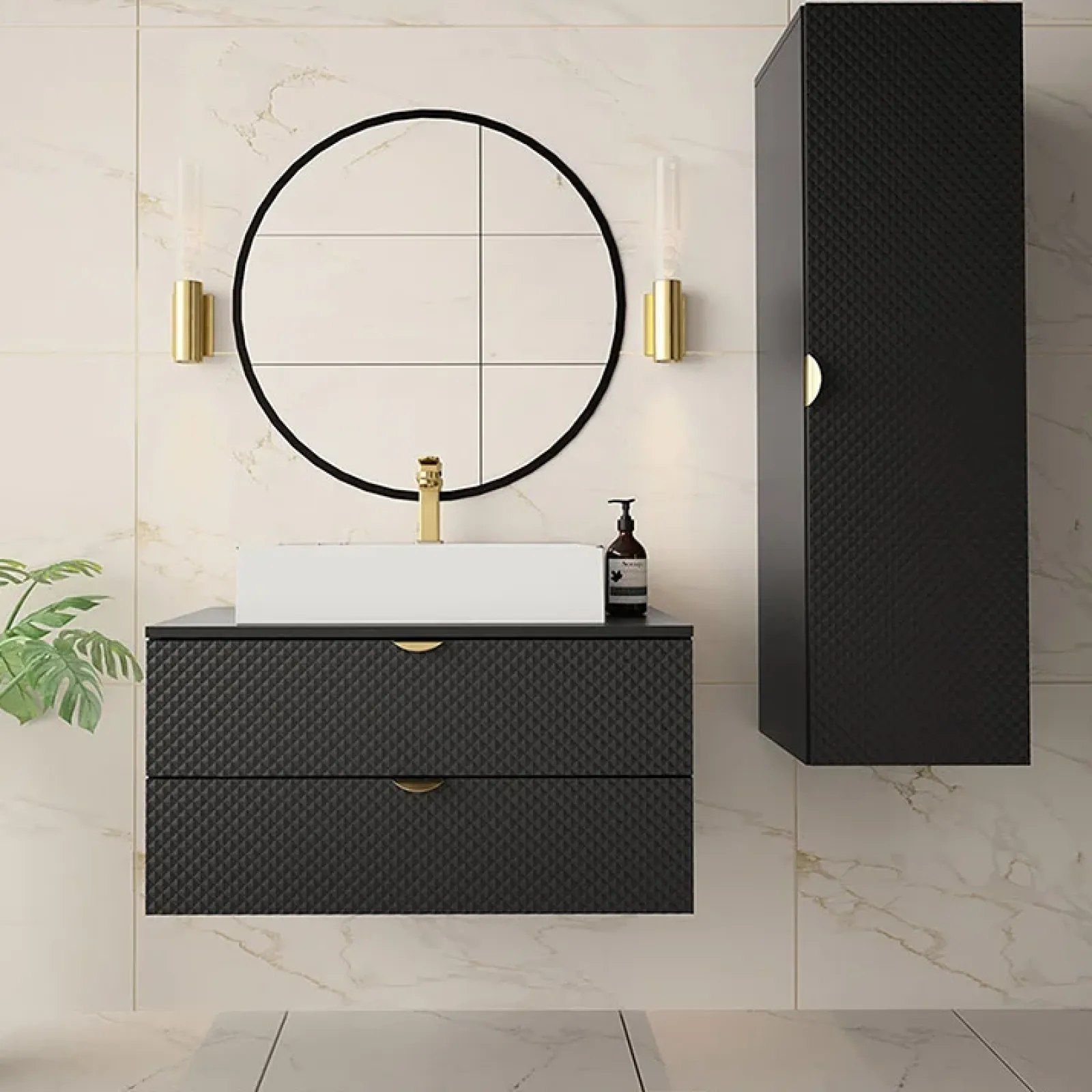 Garnero Arredamenti Mobile Bagno Sospeso-Mobile bagno sospeso 80cm nero con colonna Hakone 2 Nero Lucido