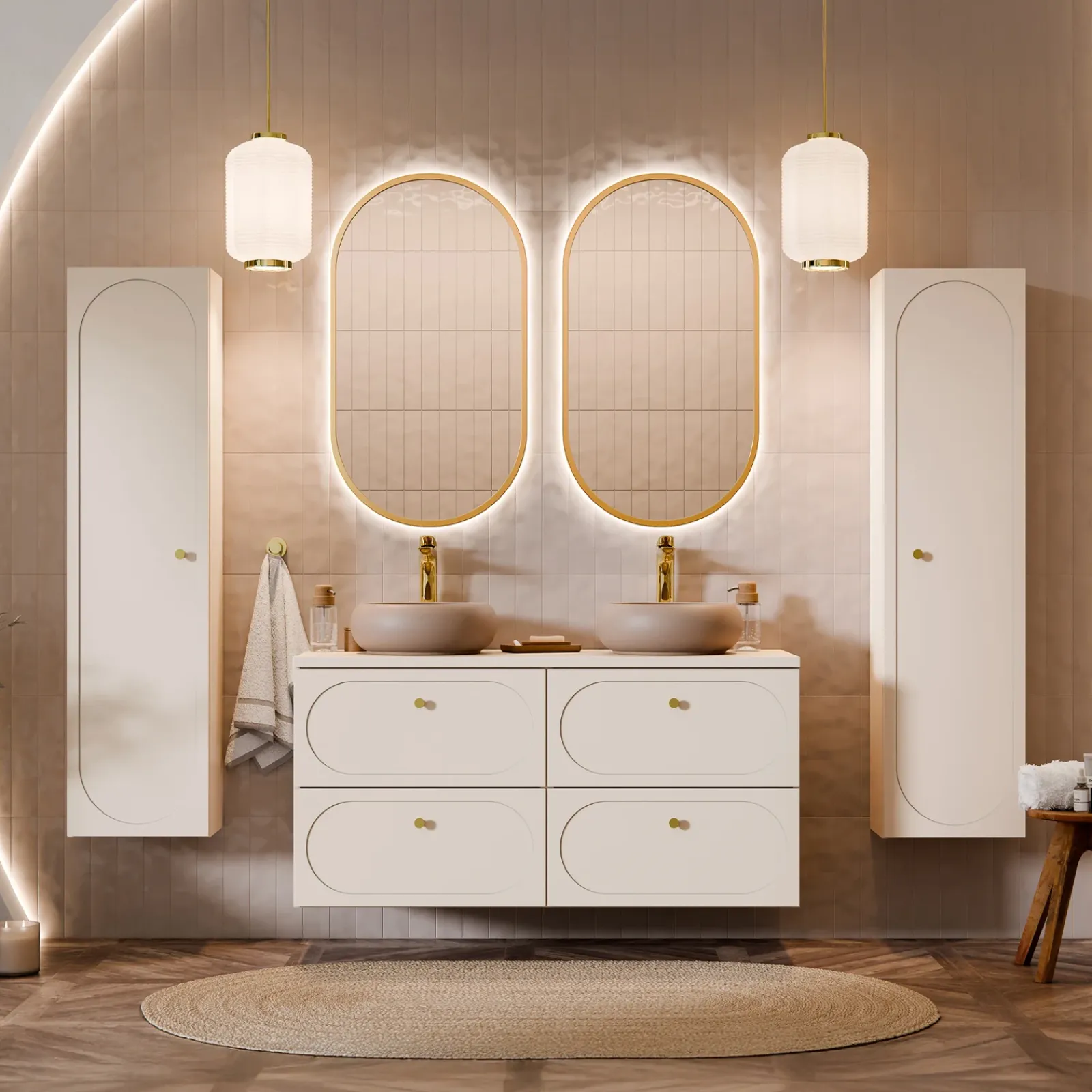 Garnero Arredamenti Mobile Bagno Sospeso-Mobile bagno sospeso fresato 120cm con colonna beige Sand