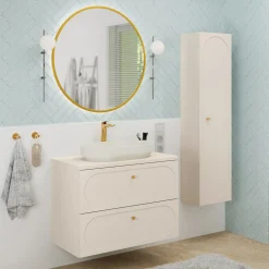 Garnero Arredamenti Mobile Bagno Sospeso-Mobile bagno sospeso fresato 80cm con colonna beige Sand